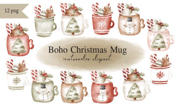 Boho Christmas Mug Watercolor Clipart for Illustrations