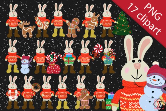 Bundle Clipart Christmas Bunny with Gift: Illustrations for Real Crafts
