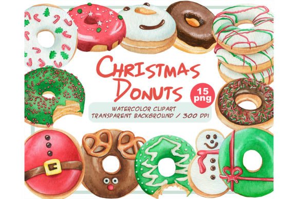 Watercolor Christmas Donuts Clipart Set for Illustrations